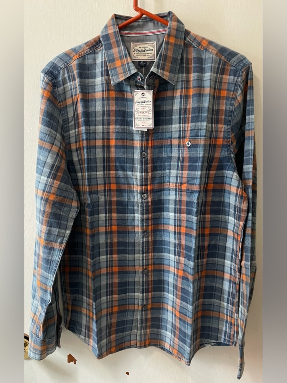 Flag & Anthem Men’s Plaid Button Up Long Sleeve Shirt Navy Orange Black Medium M